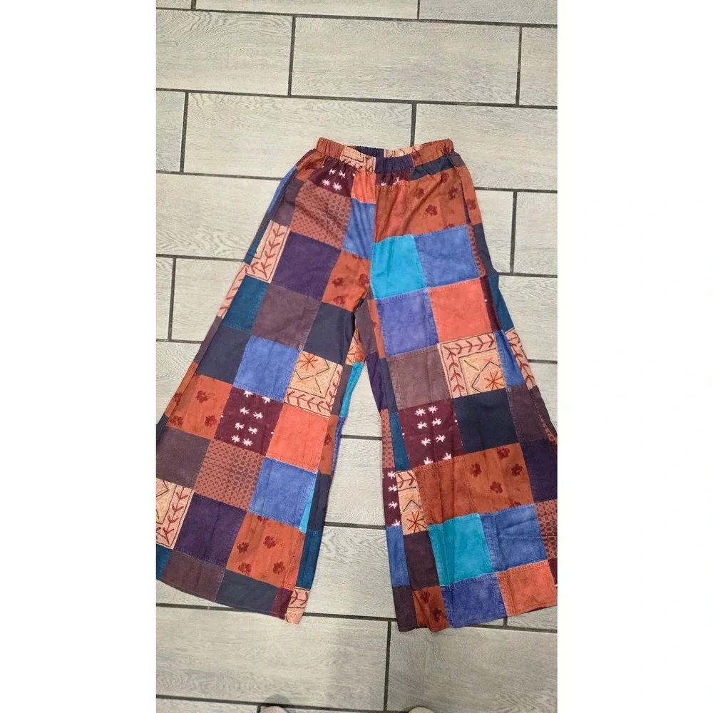 Romwe Womens Patchwork Print Wide Leg‎ Boho Pants Multi Color Size Small